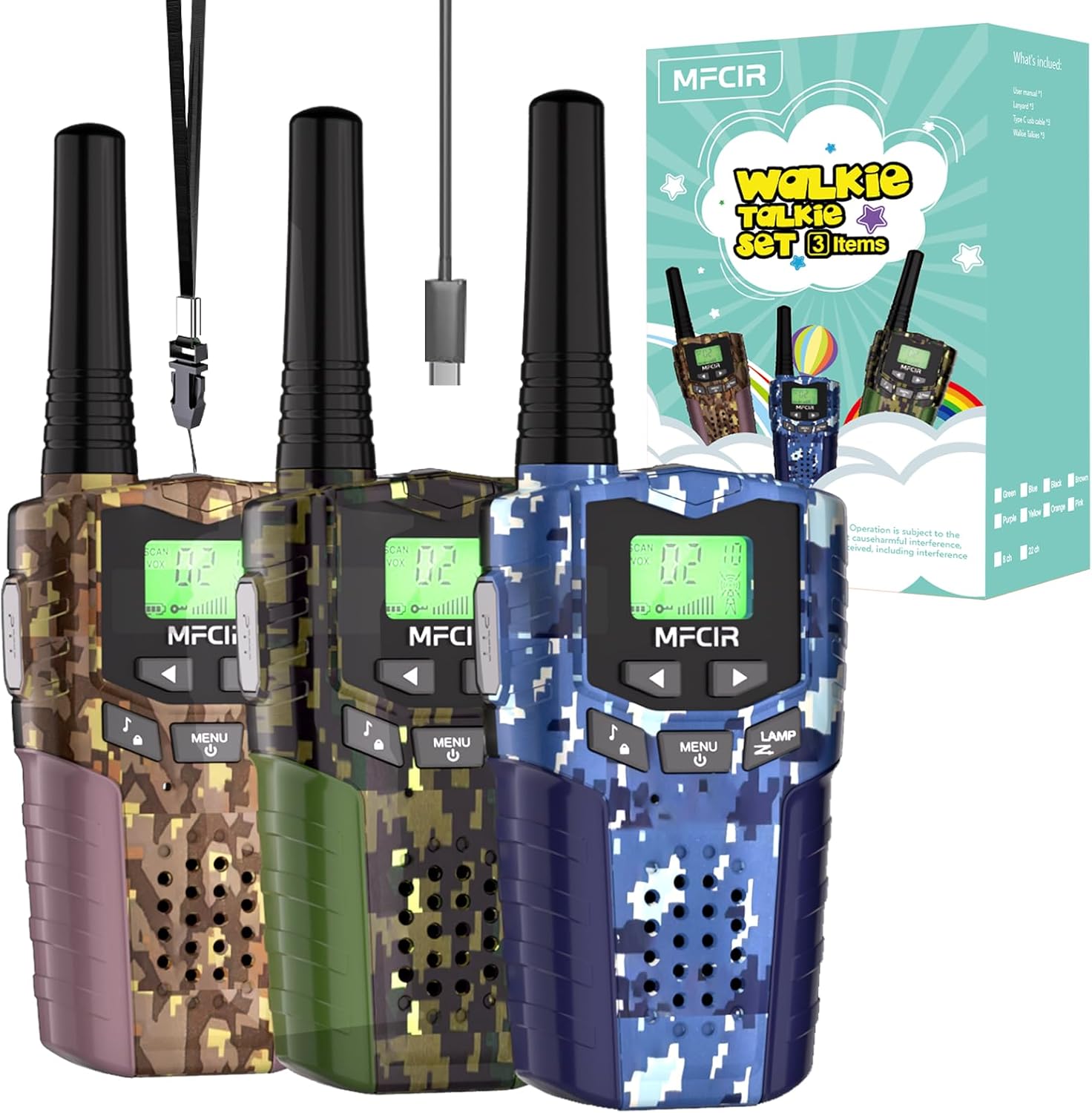 Rechargeable Kids Camouflage Walkie Talkies 3 Pack Long Range, 48H Work 7D Standby, LED Flashlight,Outdoor Camping Games Toys Gifts for 3-12 Year Old,Ideal Birthday for Boys & Girls