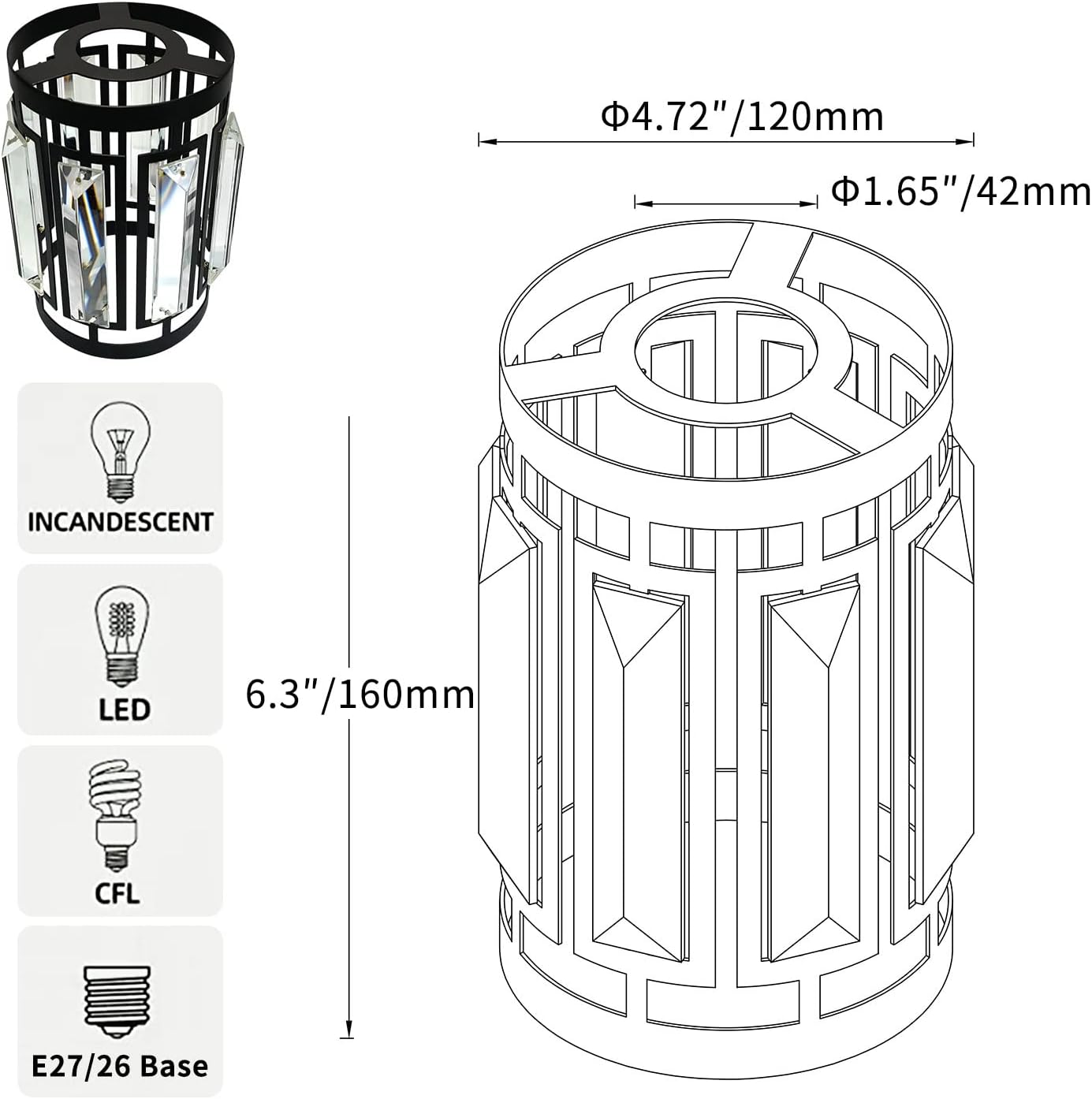 Industrial Black Metal Lamp Shades, Rustic Elegant K9 Crystal Lampshade for E26/E27 Lamp Fixtures - Image 2