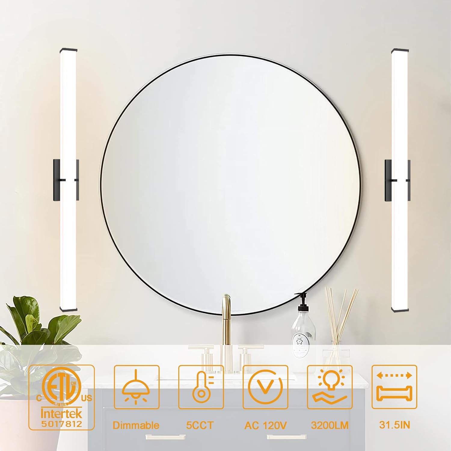 31.5Inch 3200LM Bathroom Light Fixtures 5CCT Optional, Black Modern LED Vanity Light Clear Shade, Dimmable Bathroom Lighting Fixtures Over Mirror - ETL Listed - Image 7