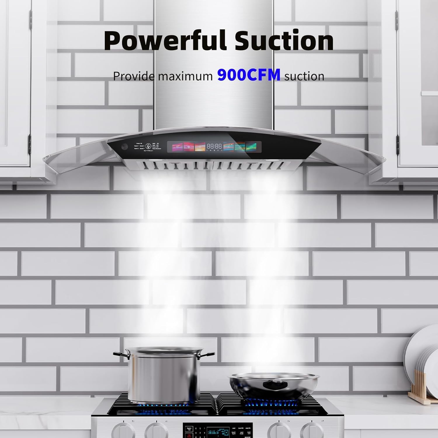 36 inch Wall Mount Range Hood Tempered Glass 900 CFM, Voice/Gesture/Touch Control, Stainless Steel Kitchen Hood Vent with 4 Speed Exhaust Fan, Adjustable Lights, Memory Mode - Image 3