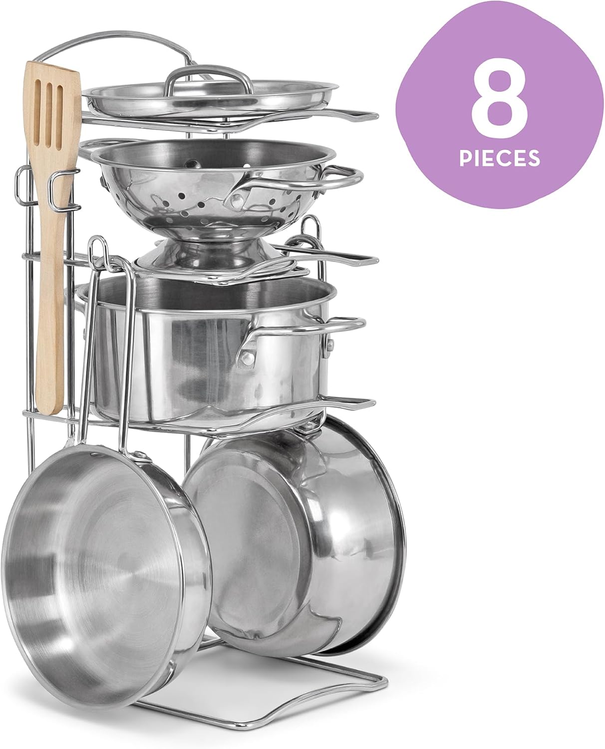 Melissa & Doug Stainless Steel Pots & Pans, 8 Piece Play Kitchen Set, Premium Play Kitchen Accessories & Cooking Utensils, Preschool Toys for Kids 3+ - Image 3