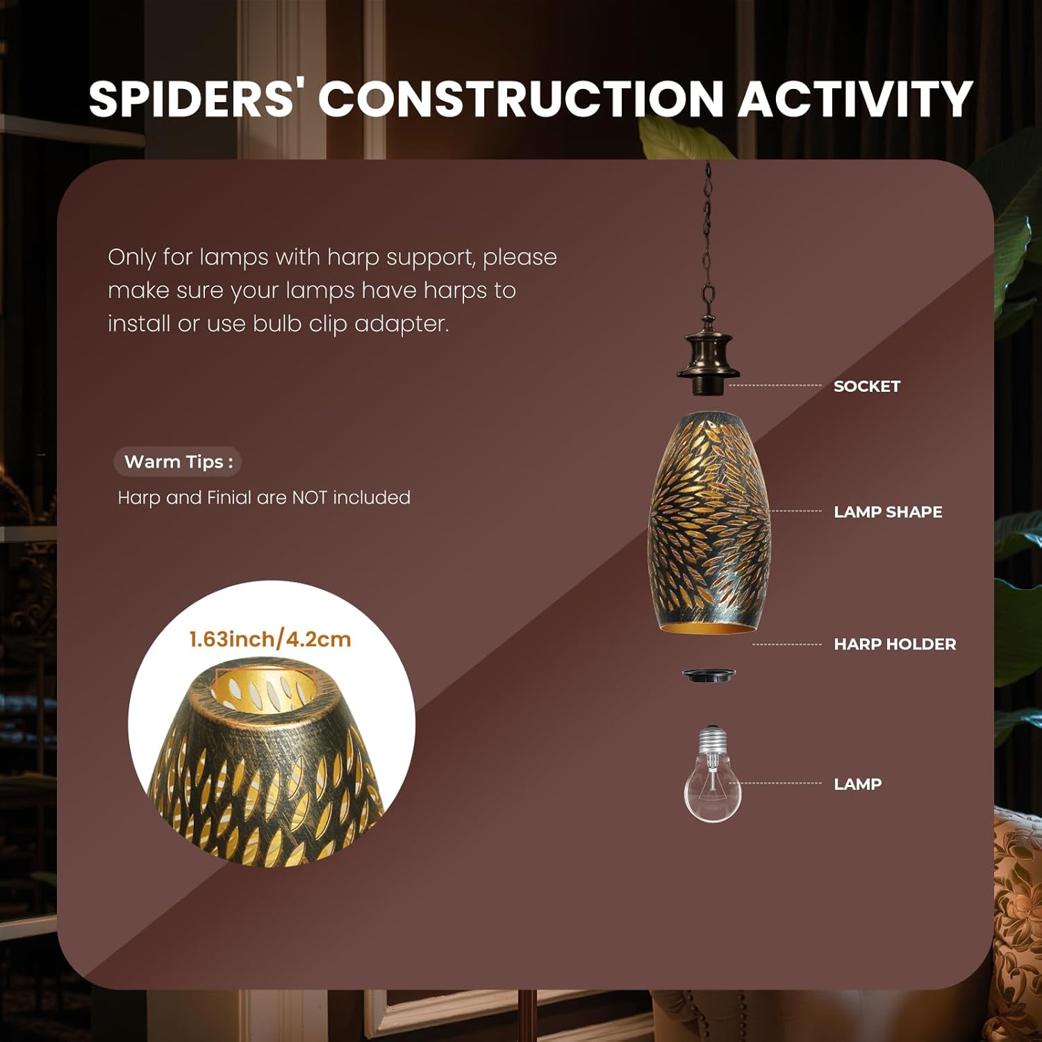 Pendant Light Shade Replacement, Metal Lampshade with 1-5/8" Fitter, 7.8" Height and 4.7" Diameter Etched Hollowed Lamp Shade, Antique Bronze Oval Shaped Cover for Chandelier Pendant Light Wall Lamp - Image 7