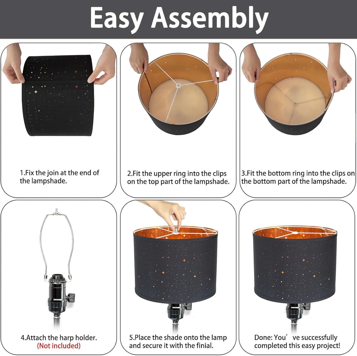 Drum Lamp Shades Set of 2 for Table Lamp, 13" Top x 13" Bottom x 9.5" High Fabric Large Lampshade (BLACK) - Image 7