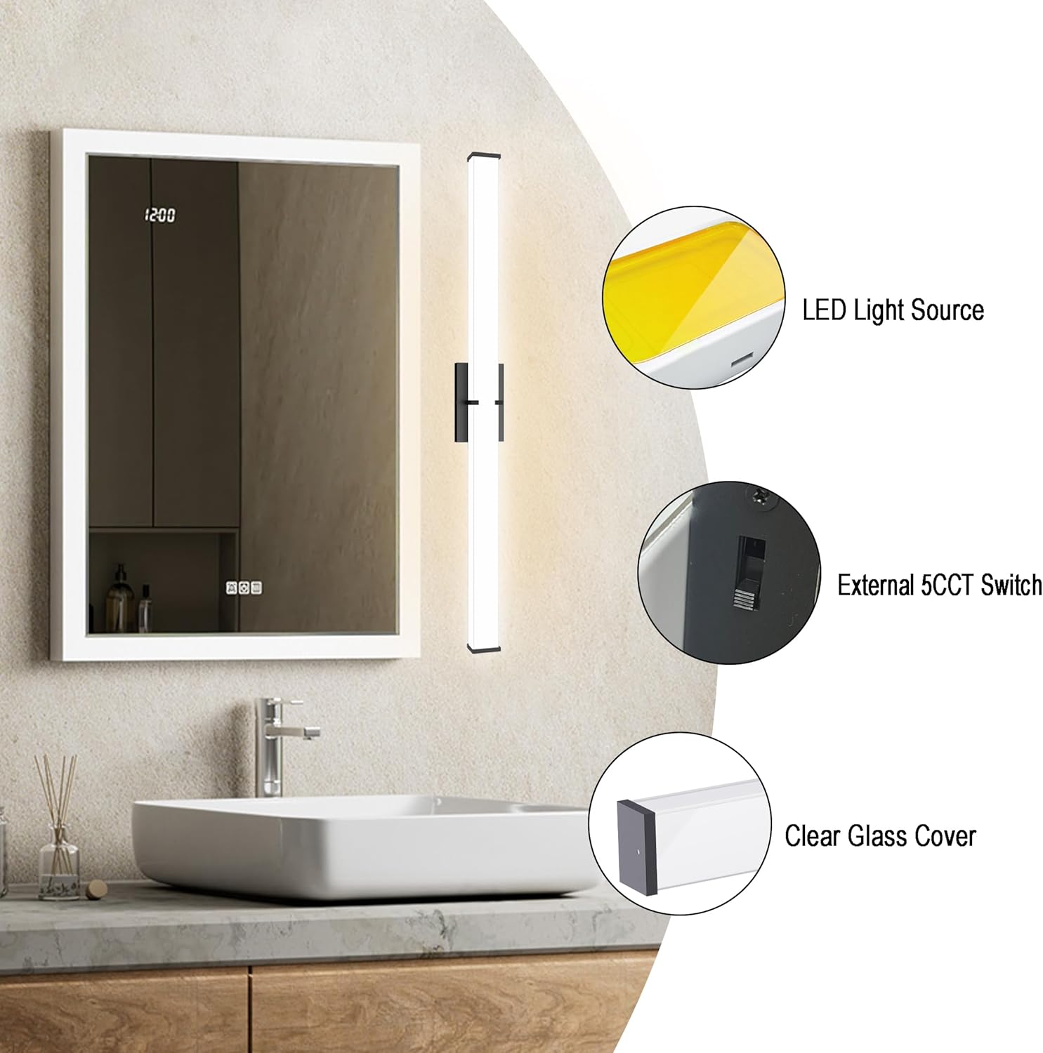 31.5Inch 3200LM Bathroom Light Fixtures 5CCT Optional, Black Modern LED Vanity Light Clear Shade, Dimmable Bathroom Lighting Fixtures Over Mirror - ETL Listed - Image 5