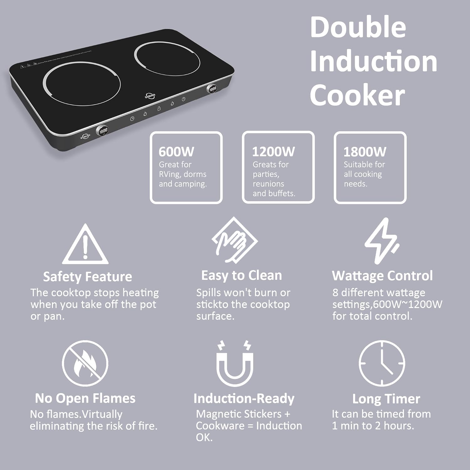 Double Induction Cooktop, 1800W Sensor Touch Electric Cooker Hot Plate, 6.7" Heating Coil,8 Power 8 Temperature Setting Countertop Burner with Timer-Proof Ceramic Glass Surface - Image 2
