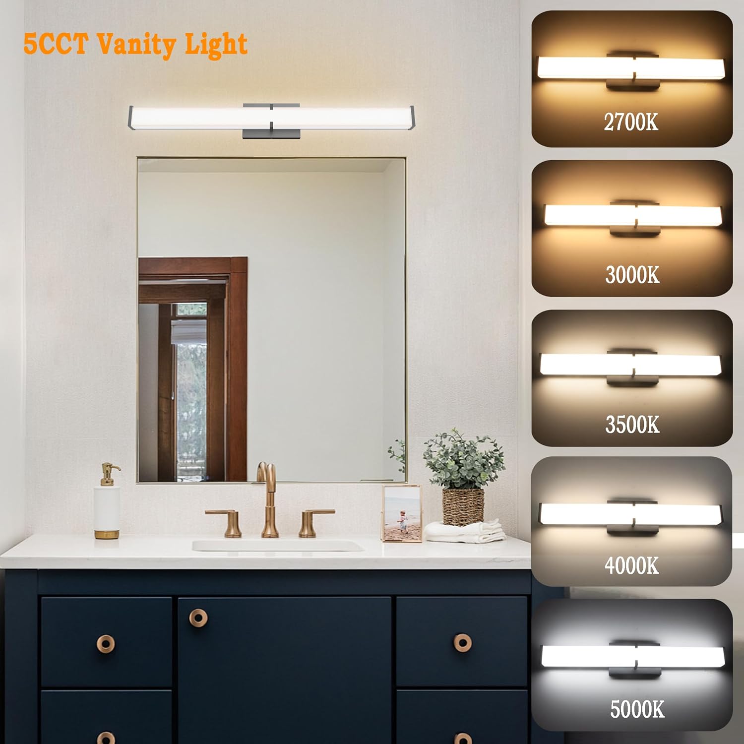 24.8Inch 2500LM Bathroom Light Fixtures 5CCT Optional, Black Modern LED Vanity Lights Clear Shade, Dimmable Bathroom Lighting Fixtures Over Mirror - ETL Listed - Image 4