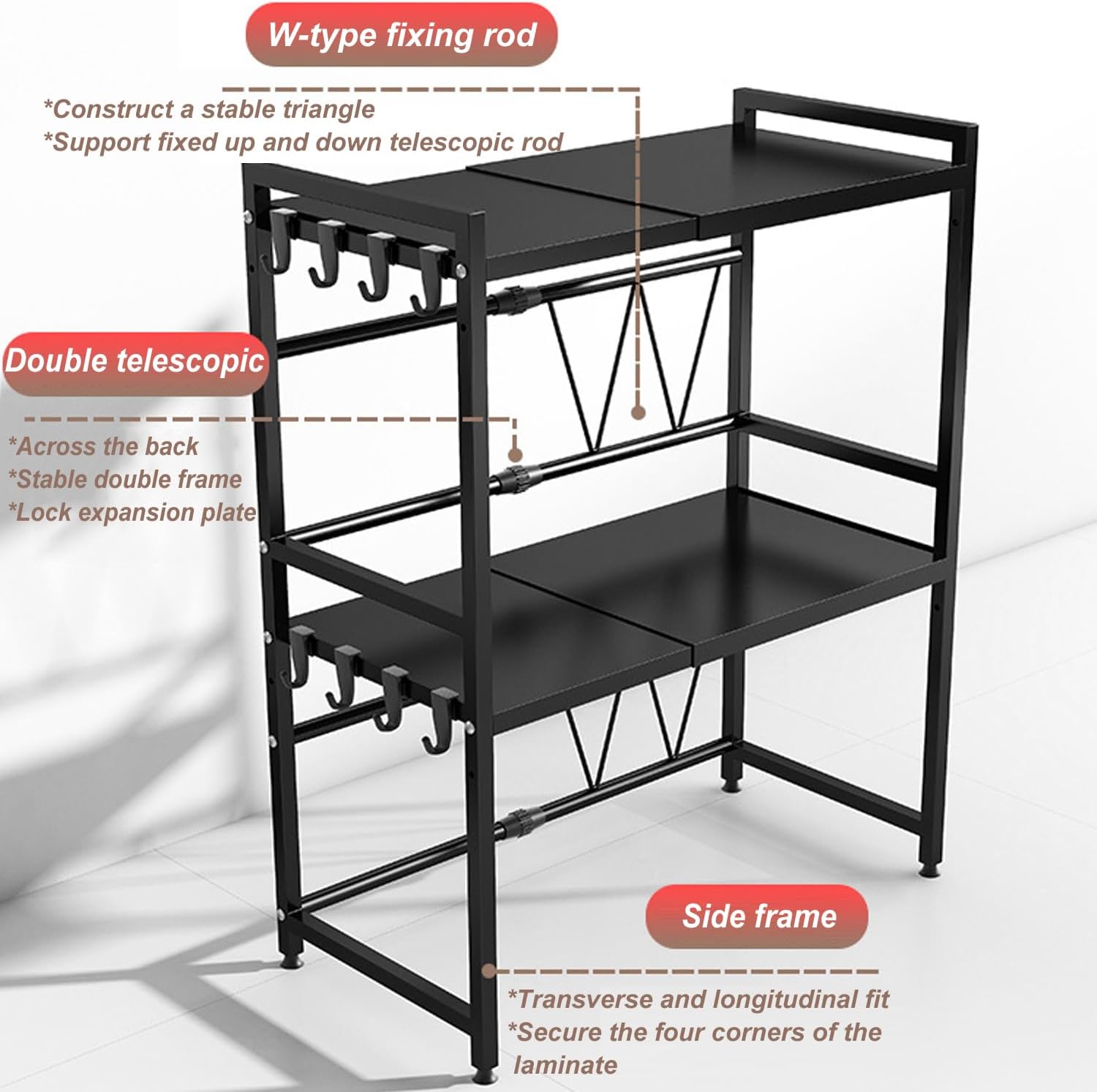 Expandable Microwave Stand Countertop, 3 Tier Heavy Duty Over Microwave Shelf Countertop with 8 Hooks,Height Adjustable Carbon Steel Microwave Oven Rack Shelf for Kitchen,Holds 132lb,Black - Image 3