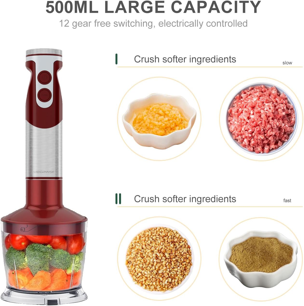 MegaWise 5-in-1 Immersion Hand Blender Set with Variable Speed, 400W, Stainless Steel - Includes Chopper, Whisk, Milk Frother, and Beaker - Ideal for Soups, Smoothies, Baby Food & More (RED) - Image 5