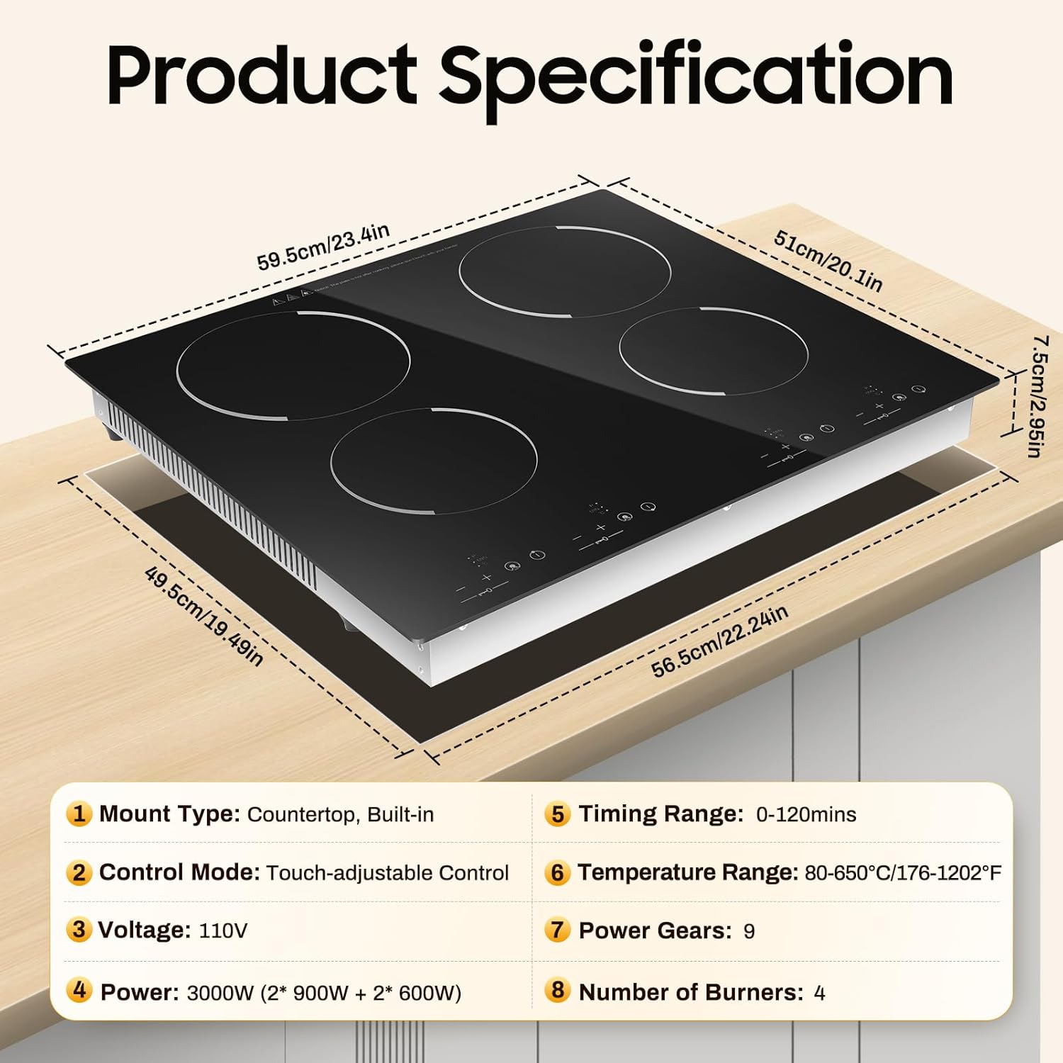 4 Burners Electric Stove Top, 3000W Portable Cooktop Desktop and Embedded Intelligent Control Cooktop Sensor Touch with Kid Safety Lock and 9 Heating Level for Kitchens Cabins Snack Bars Etc - Image 2