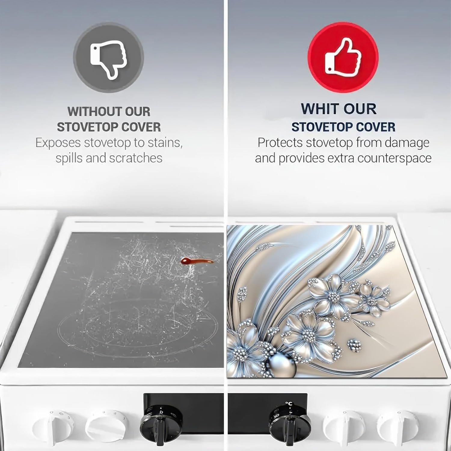 Silver Flowers Stove Top Cover for Electric 28 x 20 inches Pad Silver Flora Kitchen Decorations offee Bar Mats Pad for Stove Top, Dishes, Utensils, Countertops, Sinks - Image 4