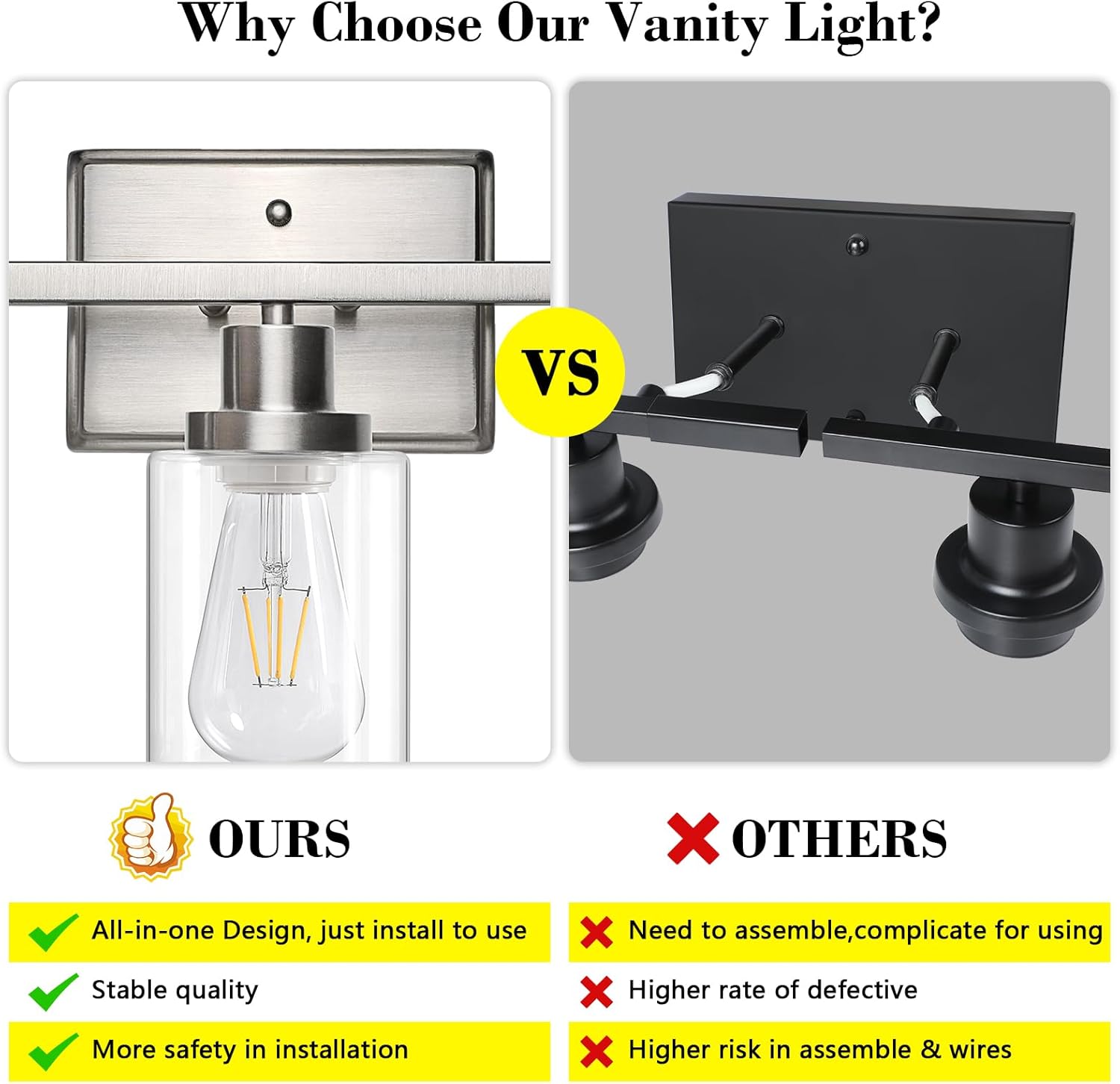 Ascher Bathroom Vanity Light Fixtures, 3 Light Wall Sconces Lighting with Clear Glass Shade, Brushed Nickel Wall Lights for Mirror, Kitchen, Living Room, Gallery, E26 Base (Bulbs Not Included) - Image 3