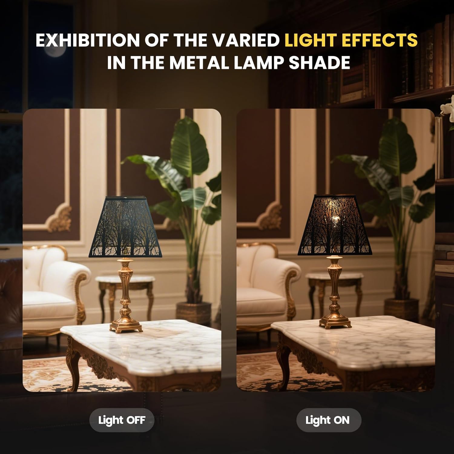 Large Metal Lampshade New Pyramid Shape Design 8'' Top 14'' Bottom 11'' Height ALUCSET Square Bell Shade Lamp Shade Forest Design Black and Gold fits for Table Lamps and Floor Lamps - Image 6