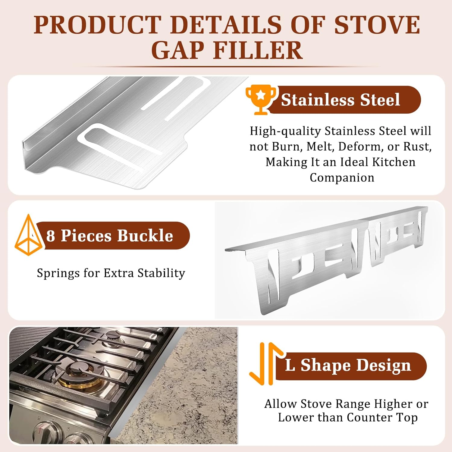 Stainless Steel Stove & Counter Top Gap Covers Adjustable Length 13.8"-27.6”Oven Side Filler Kit Between, Heat Resistant Slide-in Range Trim Guard for Seamless Kitchen Accessories (Silver) - Image 3
