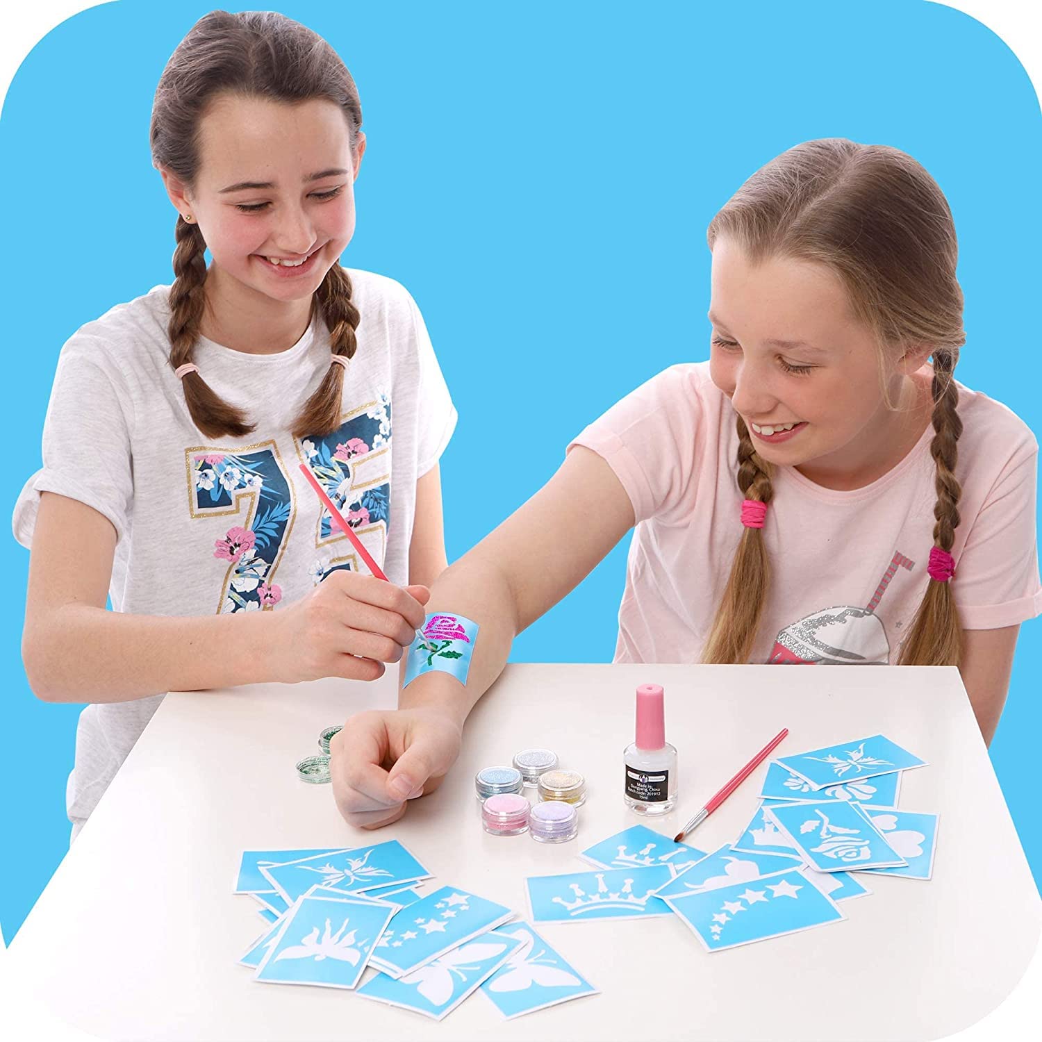 Original Stationery Glitter Tattoo Kit for Girls, 33-Piece Set with 24 Stencils, 6 Glitter Colors, Brushes & Adhesive, Creative Body Art Activity, Christmas Gift & Fun Holiday Party Supply - Image 6