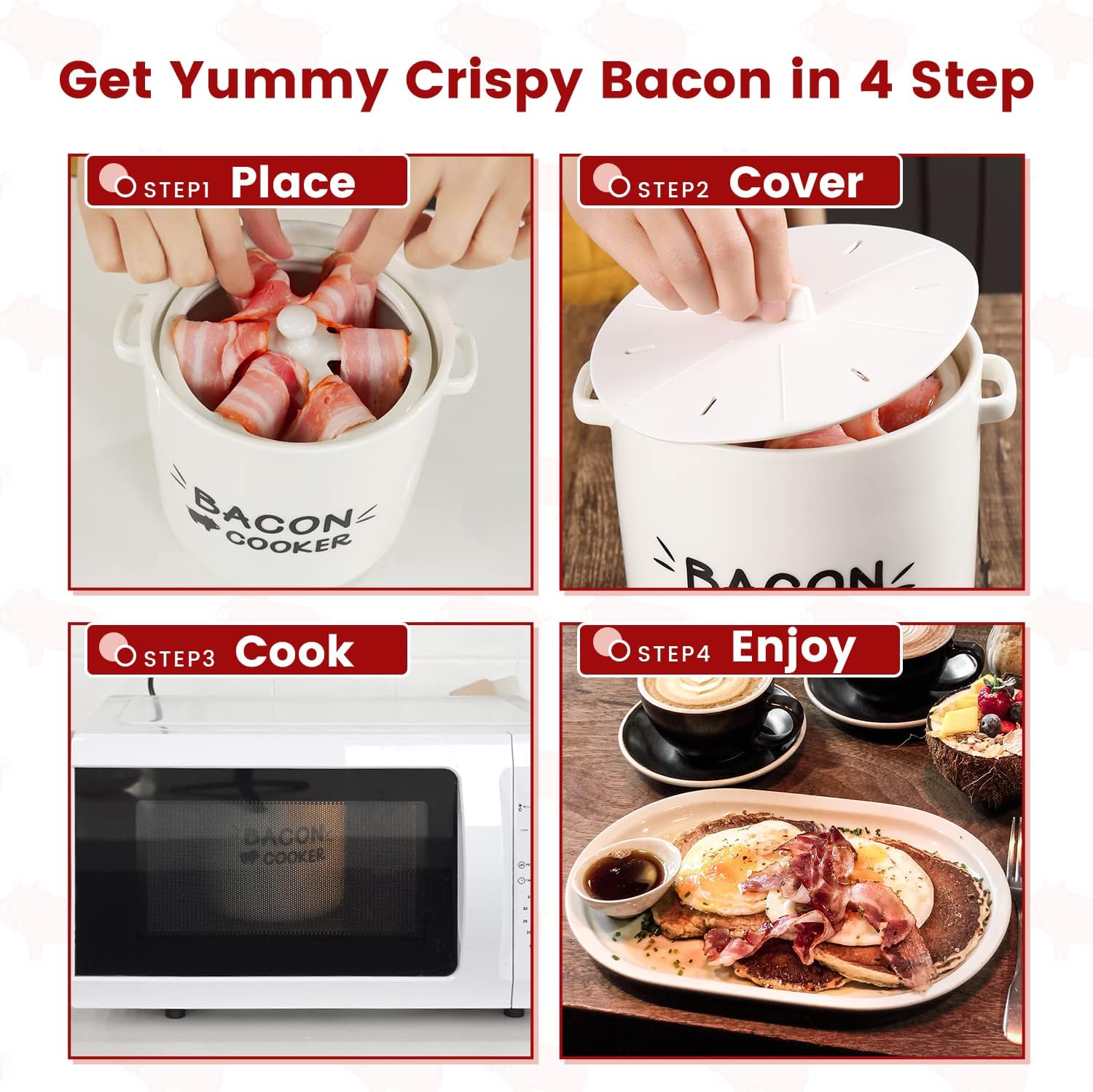 SOLIGT Ceramic Bacon Cooker for Microwave Oven - Splatter-Proof Design Microwave Bacon Cooker with Lid and Bonus Tongs - Easy Faster Bacon Maker for Yummy Crispy Bacon - Image 4