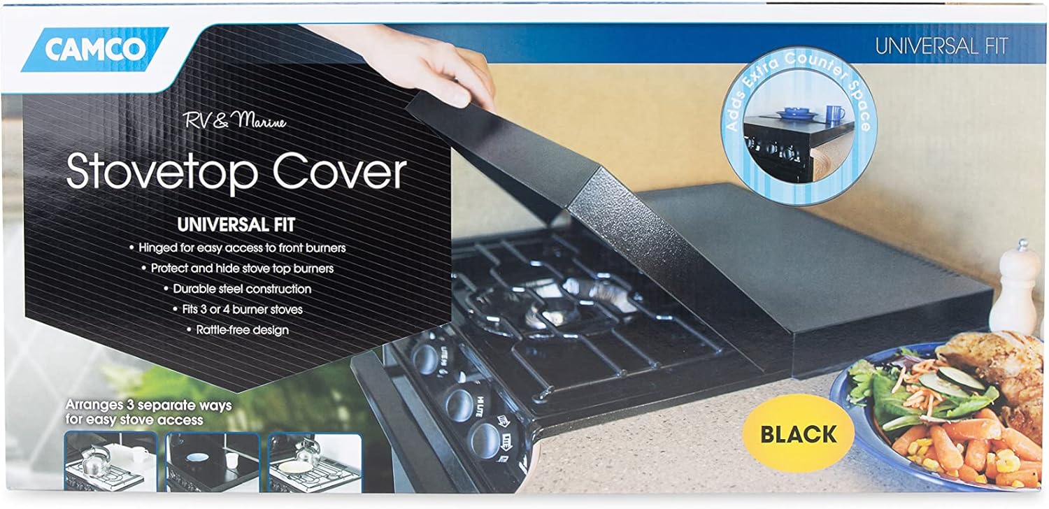 Camco Camper/RV Stove Top Cover | Features Hinged Design for Easy Access to Front Burners & Fits Most 3 or 4 Burner RV/Boat Stoves | Crafted of 20-Gauge Steel w/Powder-Coated Finish | Black (43554) - Image 6