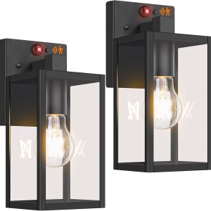 2-Pack Upgraded Motion Sensor Outdoor Wall Lights, 10.6” Small Dusk to Dawn Porch Lights Wall Sconce Lanterns, 3 Lighting Modes Exterior Lighting Fixtures, Black Outside Lights for House Front Door