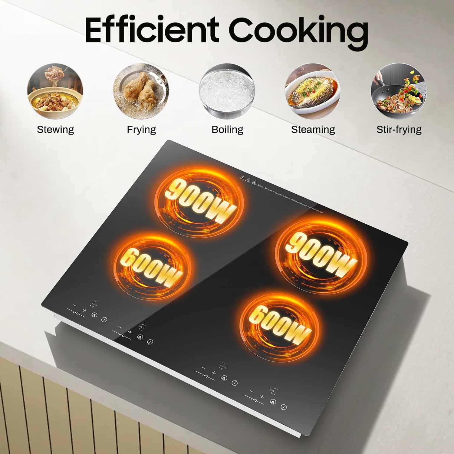 4 Burners Electric Stove Top, 3000W Portable Cooktop Desktop and Embedded Intelligent Control Cooktop Sensor Touch with Kid Safety Lock and 9 Heating Level for Kitchens Cabins Snack Bars Etc - Image 3