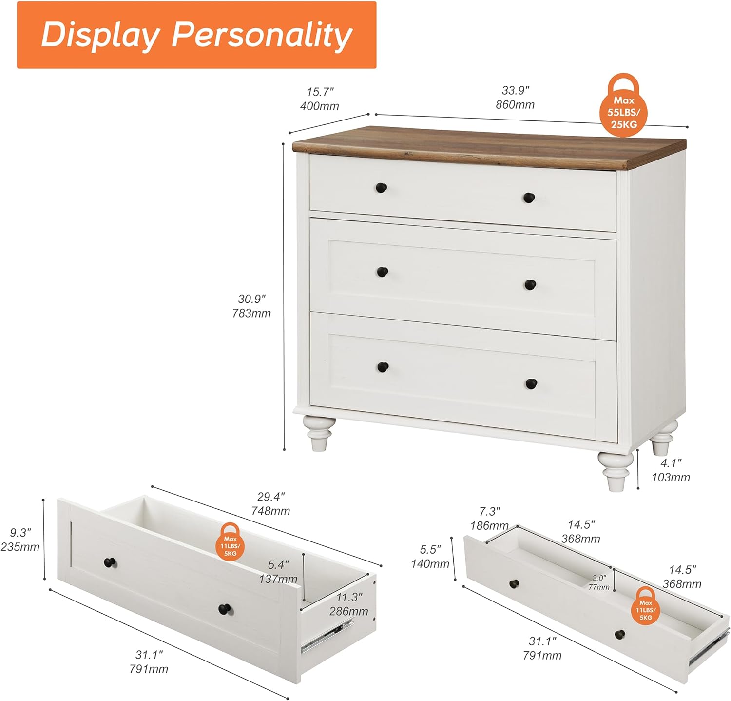 WAMPAT Farmhouse Nightstand with 3 Drawers, Set of 2 Large 3 Drawers Wood Bedside Table Night Stand, Wide Sofa Side End Table Chest of Dresser for Living Room, Bedroom, White, 34 inch - Image 3