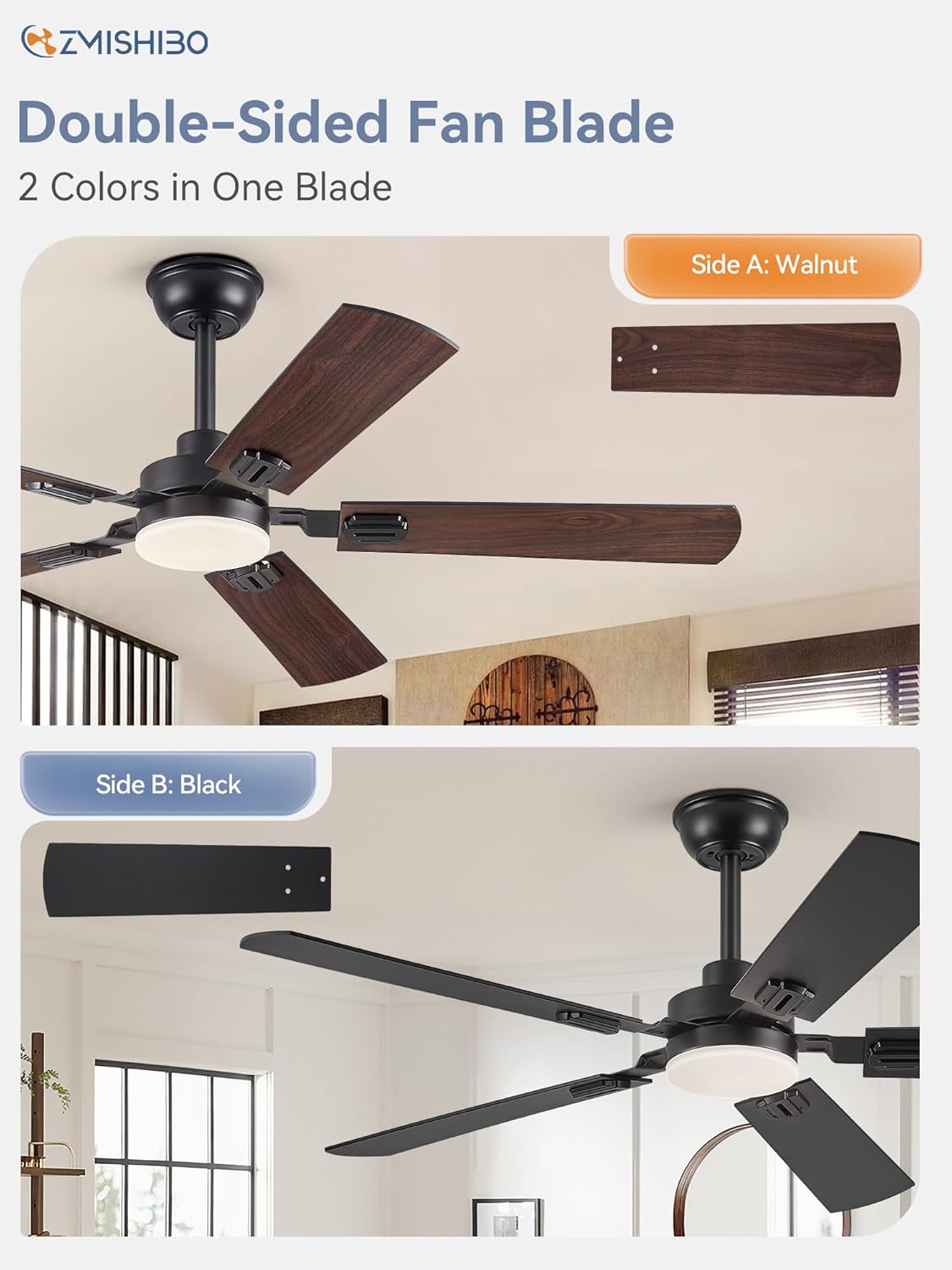 ZMISHIBO 52" Ceiling Fans with Lights, Black Modern Ceiling Fan with Remote, Farmhouse Indoor Ceiling Fan with Dual Finish Blades, Quiet & Strong Motor, Bright LED Light. - Image 3