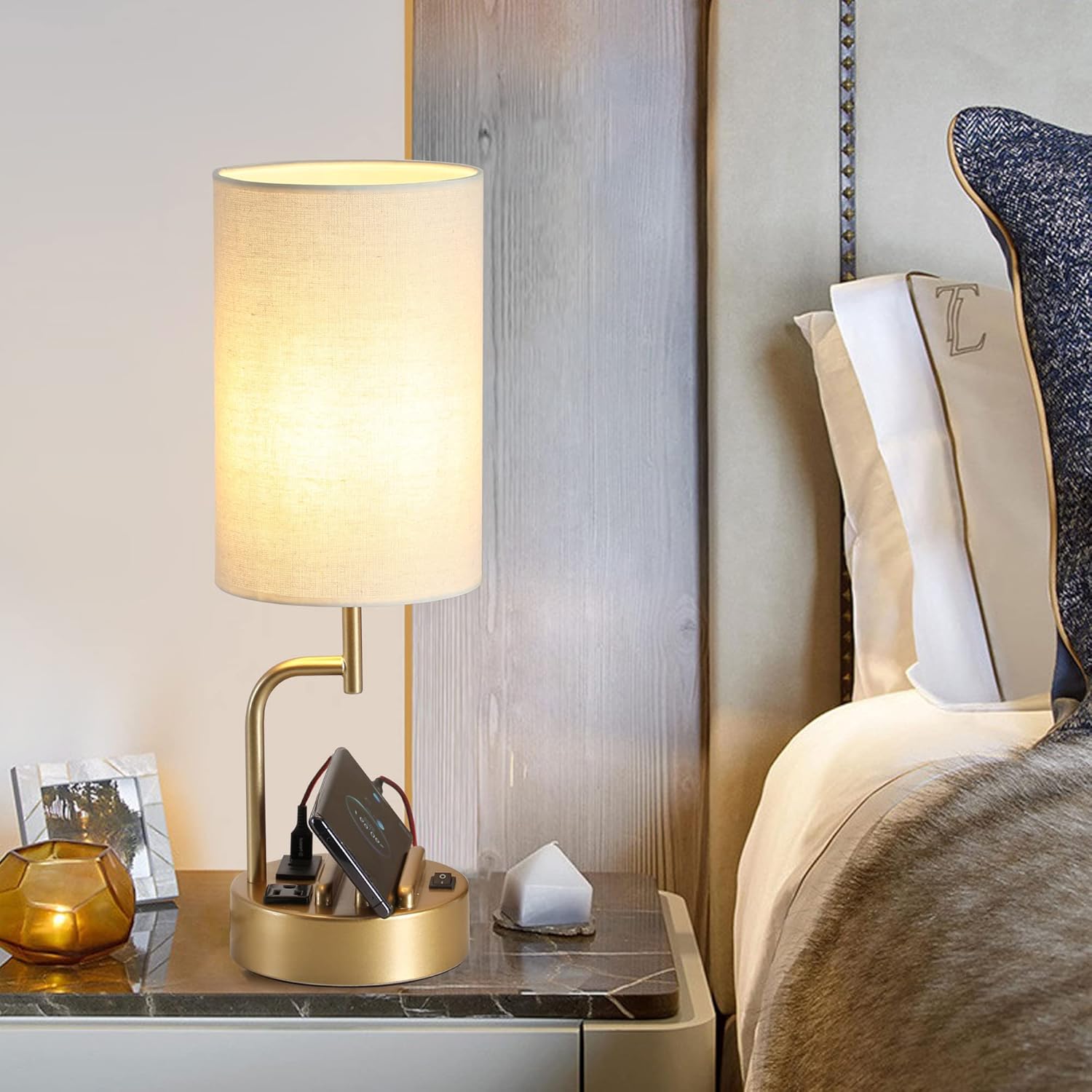 Dreamholder Table Lamp with 3 USB Charging Ports, Modern Desk Lamp with AC Outlet and Phone Stands, Perfect Bedside Lamp for Bedroom, Living Room, Office (Pack of 2), Gold - Image 5