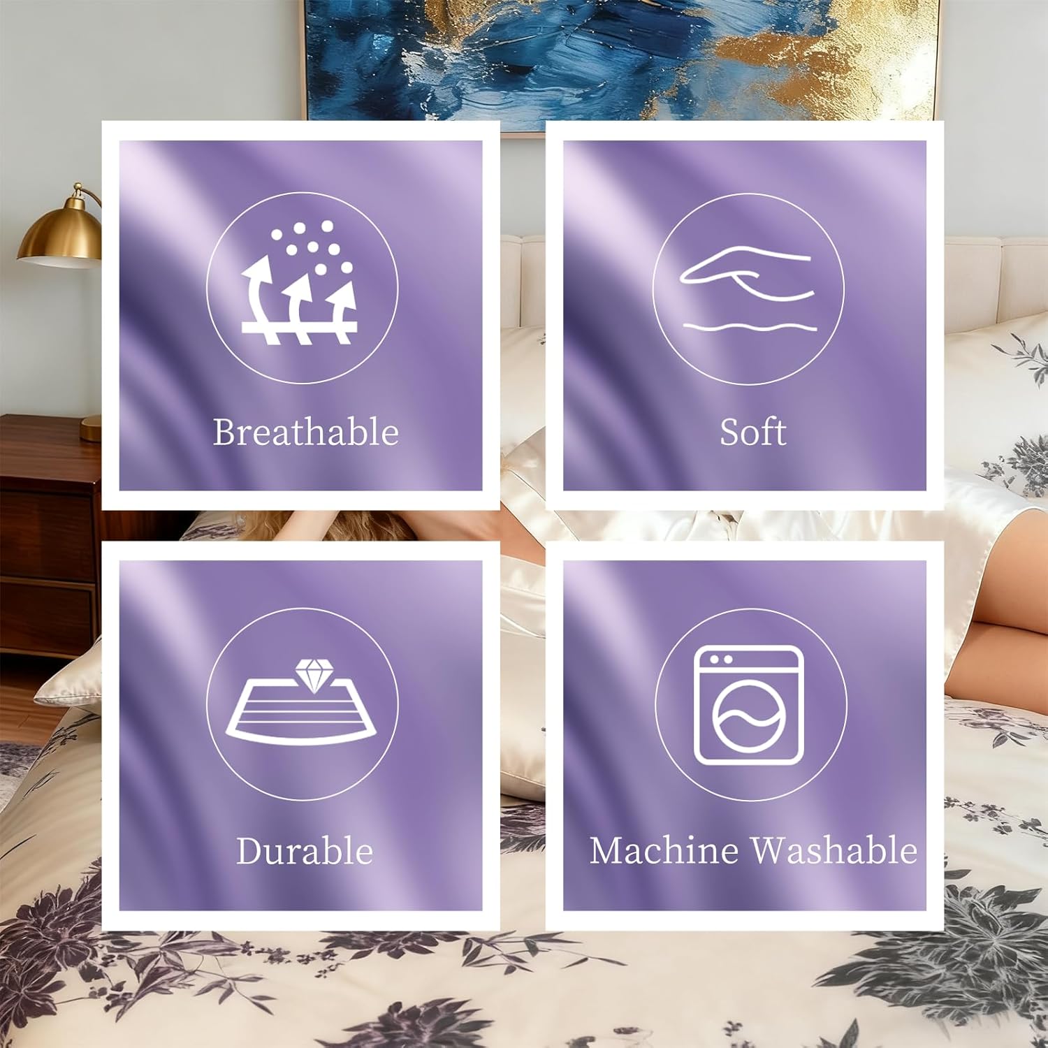 Large Bed Set - Floral Pattern Bed Set, 4-Piece Bedding, 1 Soft Plant Floral Duvet Cover, 1 Comfortable Plant Bed Sheet, and 2 Pillowcases (Cream, King 104 * 90) - Image 6