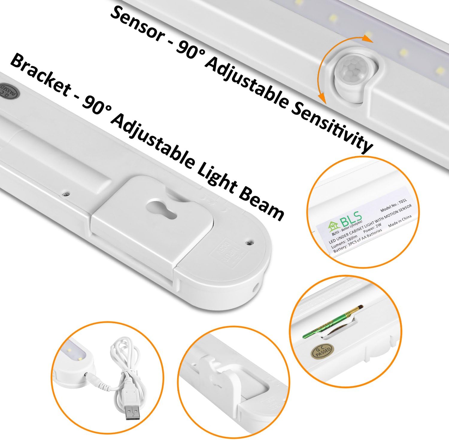 BLS T01L LED Closet Light, Super Bright 20 LED Under Cabinet Lighting Battery Powered/DC Input Wireless Motion Sensing Light, Auto On Off Switch, Motion Sensor & Light Sensor, Light Beam Adjustable - Image 8