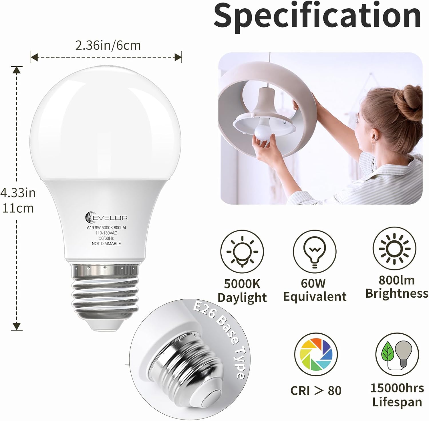 6-Pack A19 LED Light Bulbs,60 Watt Equivalent Daylight 5000K with E26 Base,Efficient 9W,800 Lumens Non-Dimmable LED Bulbs,15000 Hours, Ideal for Bedroom Living Room - Image 2