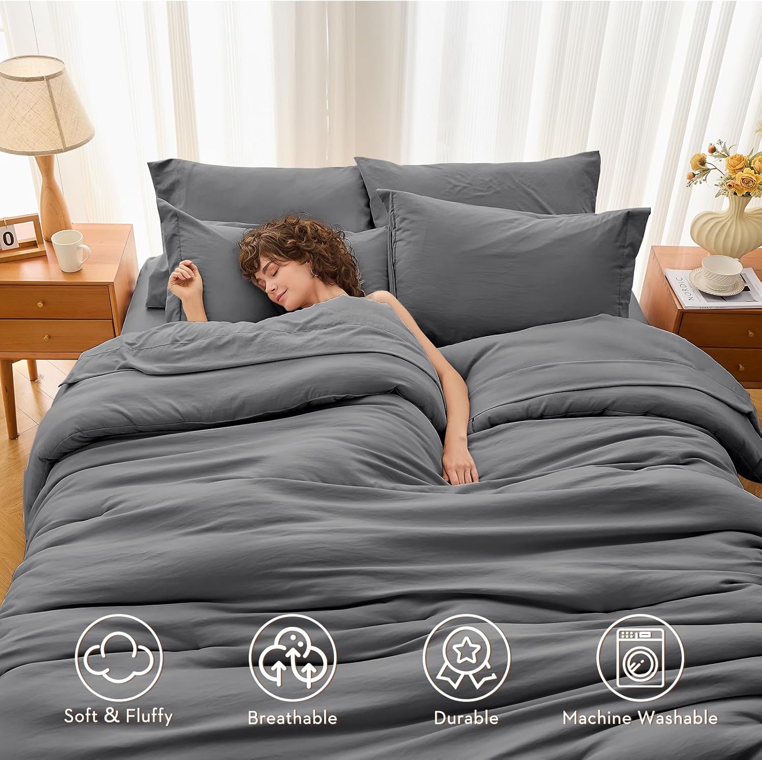 MUXHOMO 7 Pieces Queen Comforter Set, Soft Bed in a Bag Queen Size, All Season Bedding Set with Comforter, Flat Sheet, Fitted Sheet, Pillowcases & Shams, Dark Grey - Image 2