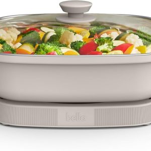 bella Make & Take Electric Skillet, Fits-anywhere™ kitchenware, EverGood™ Ceramic Coating, Adjustable Temperature & Dishwasher-Safe Tempered Glass Lid, Cast Aluminum Base, 1200 Watt, Oatmilk