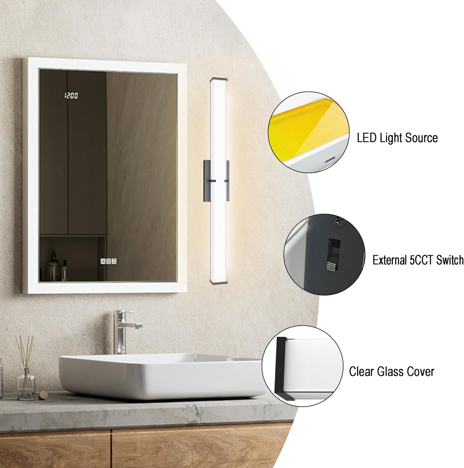 24.8Inch 2500LM Bathroom Light Fixtures 5CCT Optional, Black Modern LED Vanity Lights Clear Shade, Dimmable Bathroom Lighting Fixtures Over Mirror - ETL Listed - Image 6