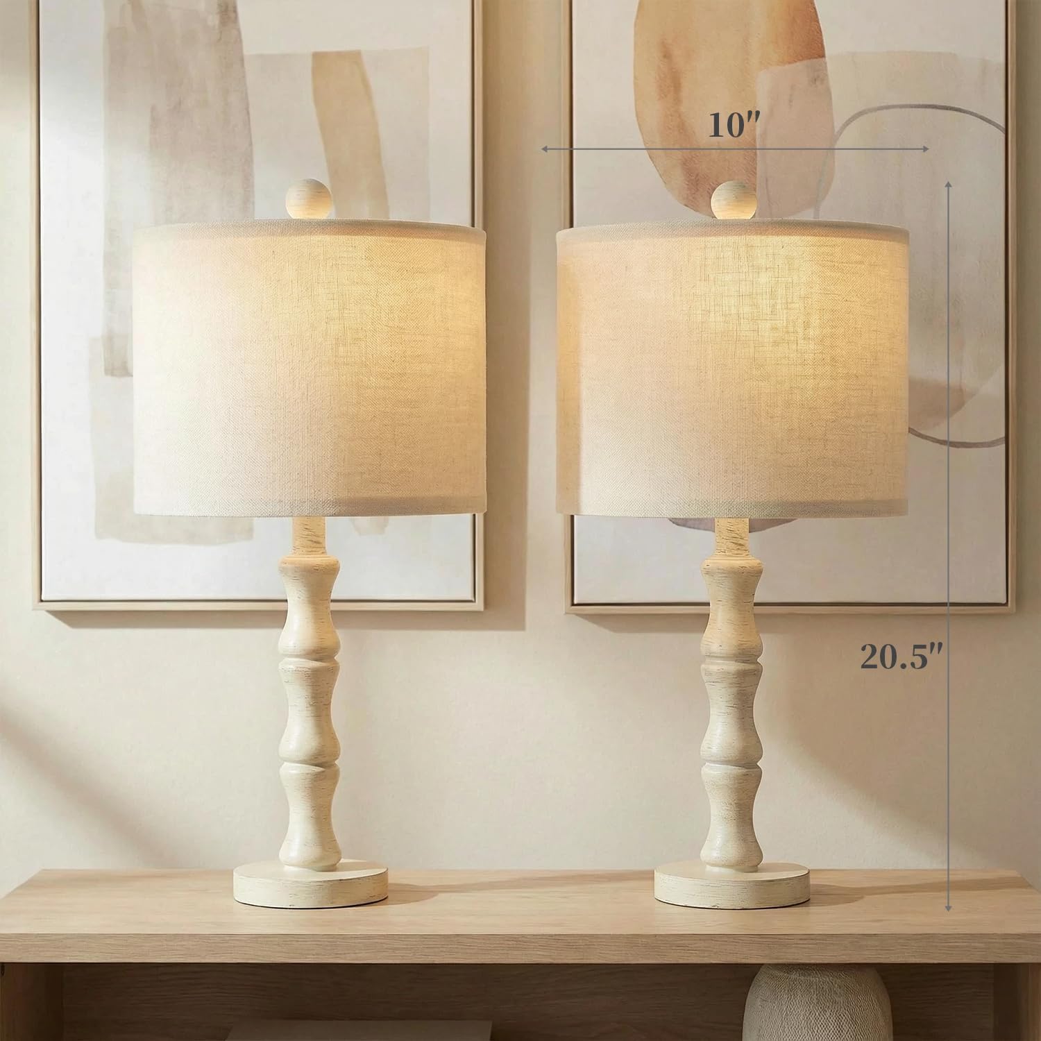 BOBOMOMO 20.5" Farmhouse Bedside Lamps Set of 2, Vintage Nightstand Lamps with Antique White Resin Base & Linen Shade, Small Table Lamps for Bedroom, Living Room, Nursery & Light Neutral Home Décor - Image 4