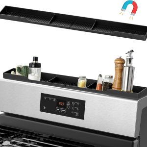 AWOKE Stove Top Shelf 30 Inch - Silicone Material Magnetic Shelf for Stove - 3 Functional Partitions Kitchen Spice Rack Organizer-Black,Kitchen Gadgets Storage Organization