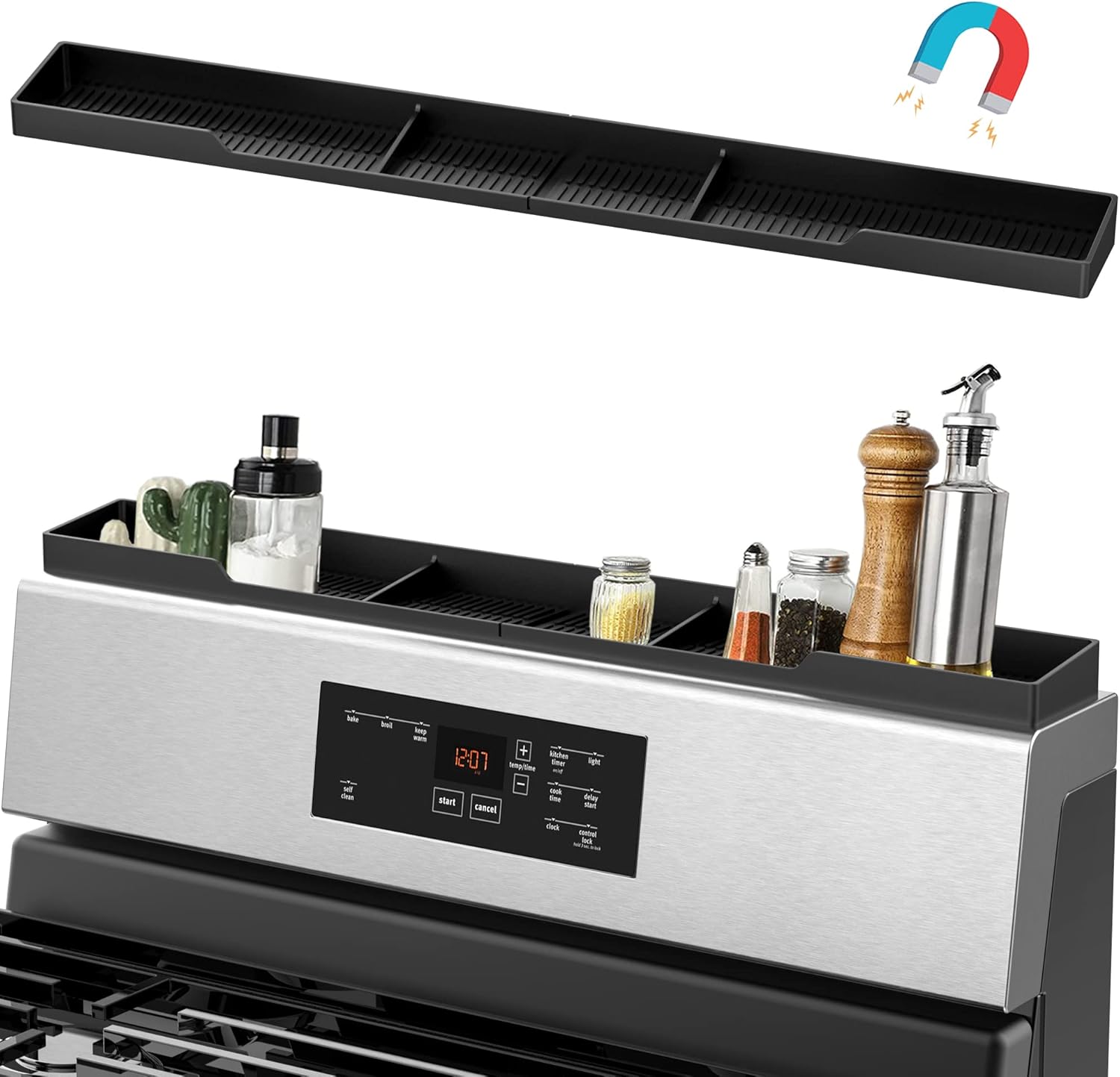 AWOKE Stove Top Shelf 30 Inch – Silicone Material Magnetic Shelf for Stove – 3 Functional Partitions Kitchen Spice Rack Organizer-Black,Kitchen Gadgets Storage Organization