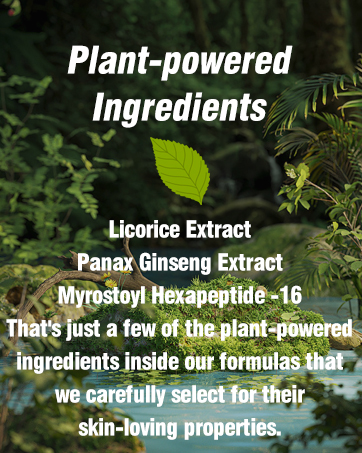 Advertisement for plant-based skincare ingredients. Text lists licorice extract, panax ginseng extract, and myristoyl hexapeptide-16 against a lush green forest background with a floating leaf icon.