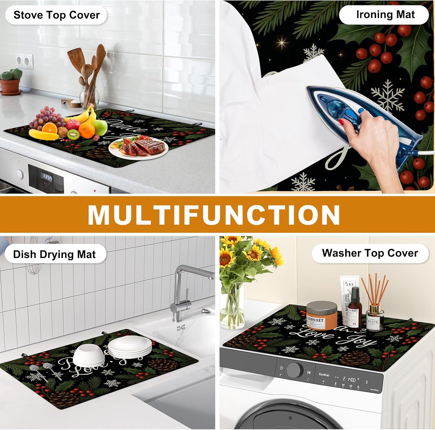 Winter Stove Cover for Electric Stove (28.5"x20.5") , Stove Top Cover with Snowflakes Pinecones and Holly Leaves, Farmhouse Holiday Kitchen Decor, Heat Resistant Stove Protector - Image 7