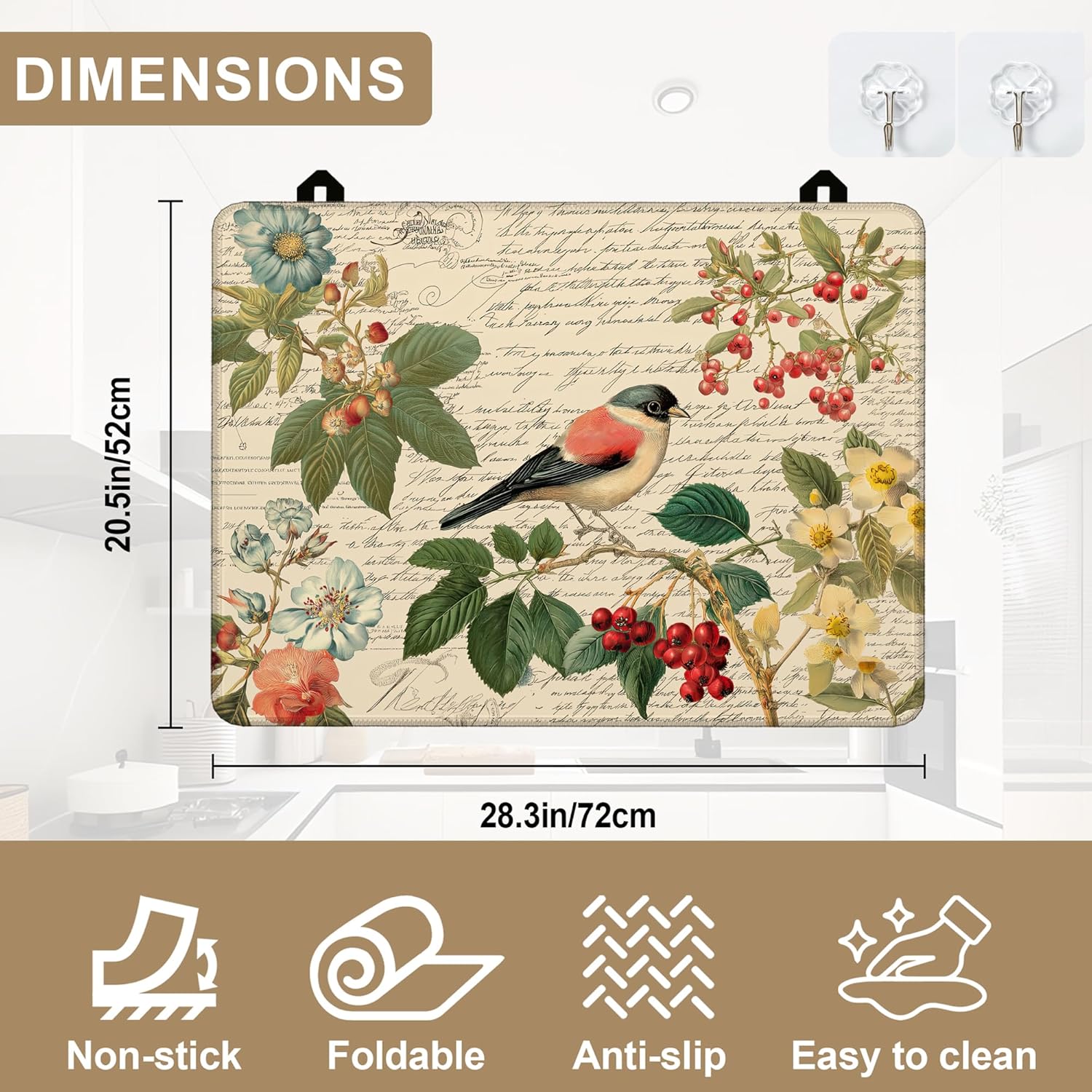 Stove Top Covers for Electric Stove,Vintage Bird Flower Floral Glass Top Cover Non-Stick Kitchen Pad for Gas Cooktop Washable Countertop Protector Mat Keep Stove Clean 28.5×20.5 in - Image 2