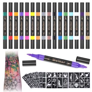 Temporary Tattoo Markers for Skin | Dual-End 16-Count Body Markers + 77 Large Tattoo Stencils | Temporary tattoos for Adults and Kids | Flexible Brush Tip, Bright colors, Skin-Safe*, Cosmetic-Grade
