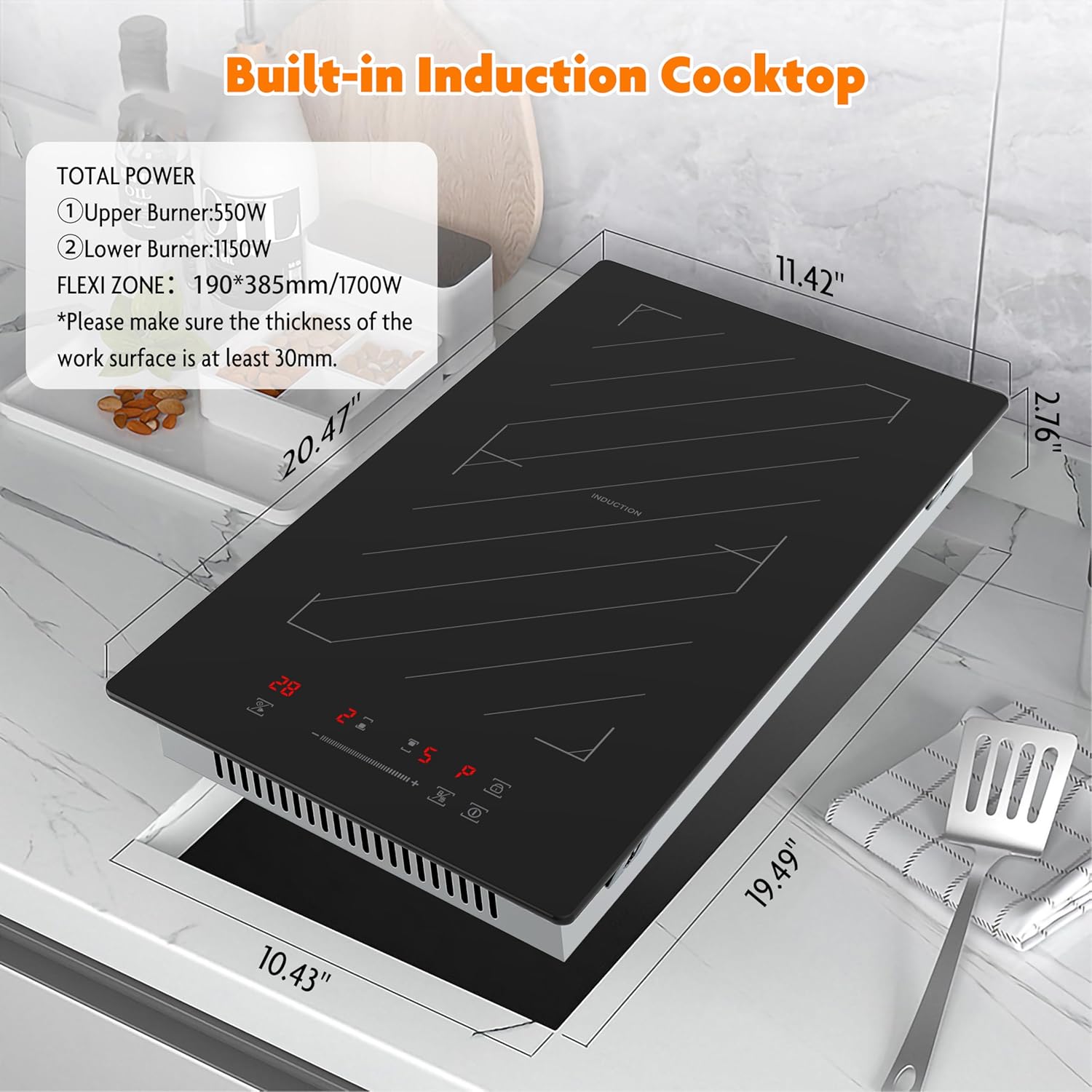 12 Inch Induction Cooktop 2 Burners, 1700W Built-in & Countertop Electric Stove with Plug, Slide Control, 9 Power Levels, Timer & Child Lock, 120V for Fast Heating - Image 6