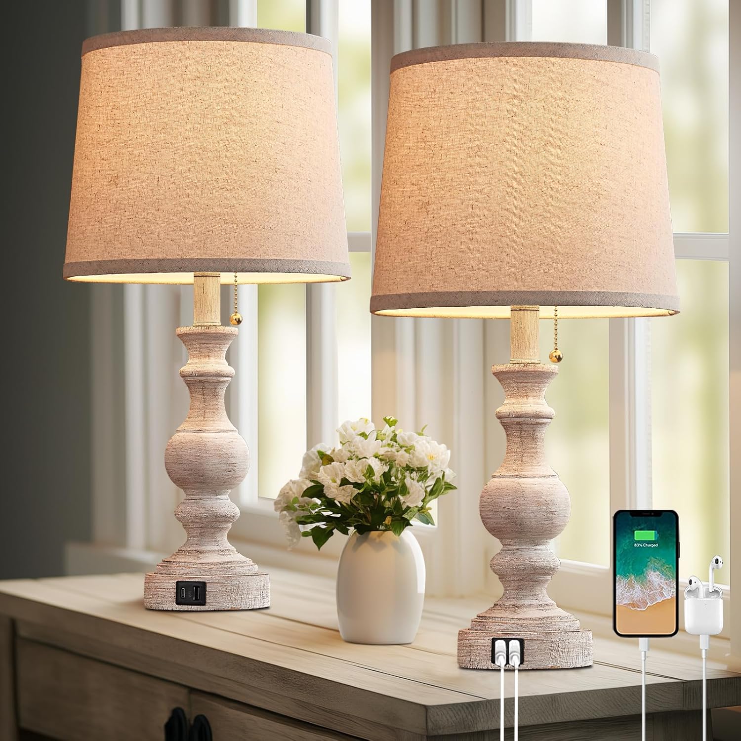 Table Lamp for Bedroom Set of 2 Farmhouse Bedside Lamps for Nightstand with USB C+A Charging Ports Traditional Table Lamps for Living Room – Pull Chain Switch, Bulbs Not Included