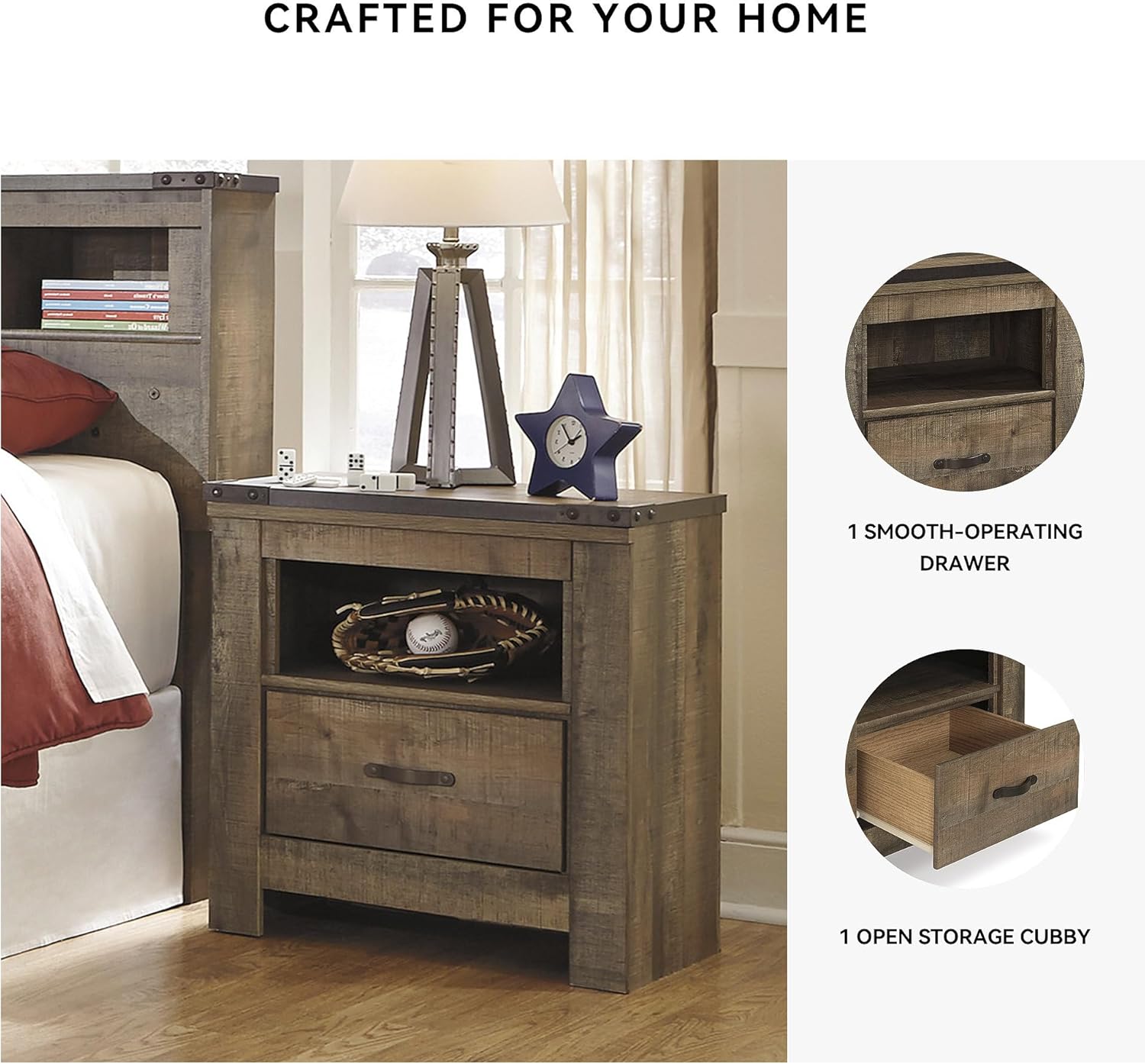 Signature Design by Ashley Trinell Rustic 1 Drawer Nightstand, USB Charing, Storage Cubby, Nailhead Accents, Wood, 24.72" W x 16.18" D x 26.22" H, Warm Brown - Image 5