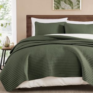 WRENSONGE Queen Quilt-3 Pieces Lightweight Bedspreads Olive Green Queen Size Quilt Bedding Set for All Seasons, Soft Summer Coverlet with 2 Pillow Shams Suitable for Bed & Couch