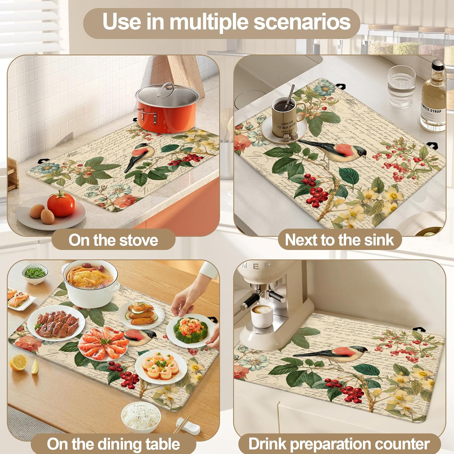 Stove Top Covers for Electric Stove,Vintage Bird Flower Floral Glass Top Cover Non-Stick Kitchen Pad for Gas Cooktop Washable Countertop Protector Mat Keep Stove Clean 28.5×20.5 in - Image 6