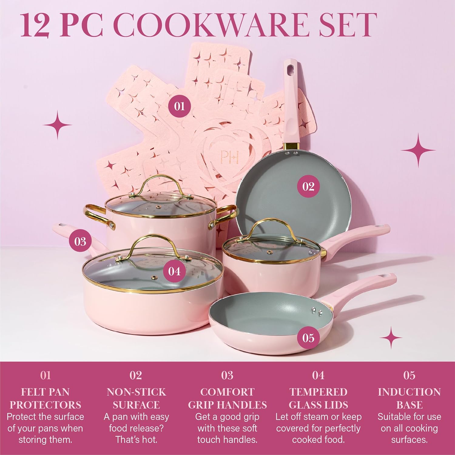 Paris Hilton Epic Nonstick Pots and Pans Set, Multi-layer Nonstick Coating, Tempered Glass Lids, Soft Touch, Stay Cool Handles, Made without PFOA, Dishwasher Safe Cookware Set, 12-Piece, Pink - Image 3
