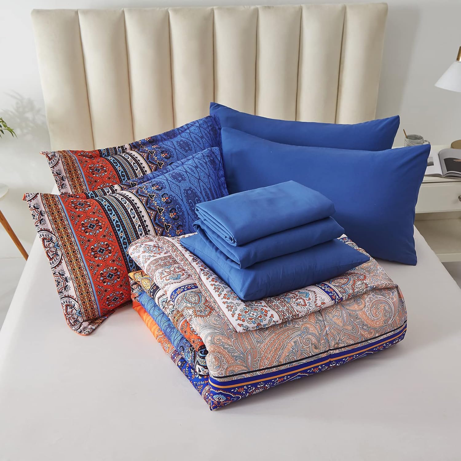 Cottolester Boho Comforter Set King Size 8 Piece Bed in a Bag Burnt Orange Paisley Fall Comforter and Sheet Set Bohemian Striped Bedding Set,Soft Microfiber Complete Bedding Set - Image 7