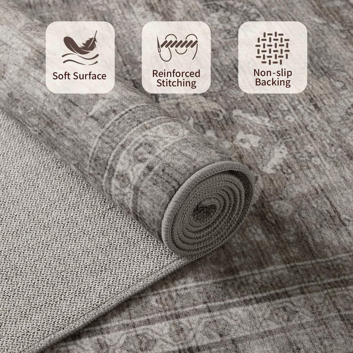 Area Rugs 5x7 for Living Room Bedroom, Grey Washable Rug, Vintage Retro Boho Rug, Non Slip & Low Pile Faux Wool Thin Carpet for Indoor Dining Room, Dorm and Kids Room(Taupe/Grey 5x7ft) - Image 4