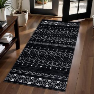 SERISSA Black and White Rugs for Entryway, 2x4 Washable Non-Slip Kitchen Runner Rug, Soft Low-Pile Small Boho Geometric Indoor Entry Rug Door Mat Indoor Entrance Front Door Carpet for Bathroom Bedroom