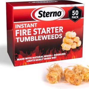 Sterno Instant Fire Starter Tumbleweeds, 50 Count — Made with Natural Wood, Odorless, Lights Instantly Even When Wet, Indoor/Outdoor