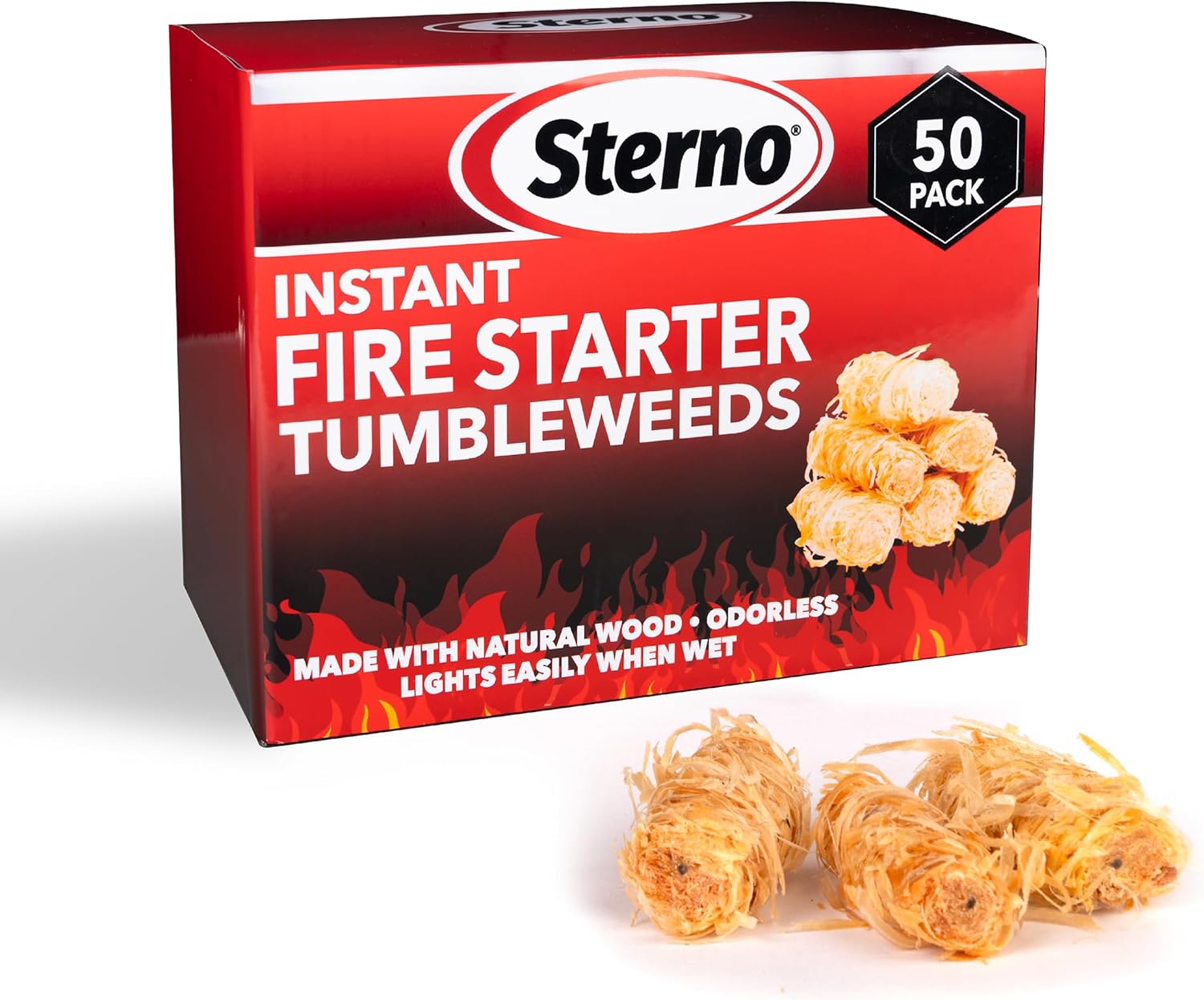 Sterno Instant Fire Starter Tumbleweeds, 50 Count — Made with Natural Wood, Odorless, Lights Instantly Even When Wet, Indoor/Outdoor