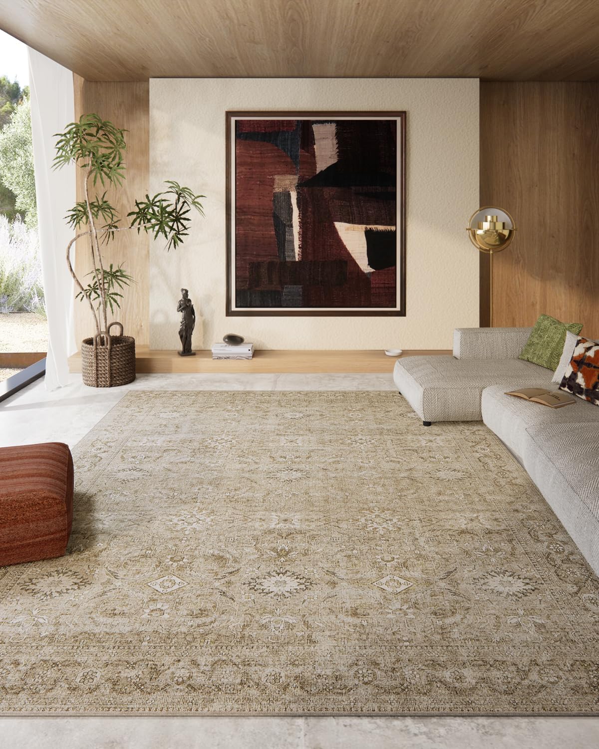 Washable Area Rug: 8'x10' Large Stain Resistant Distressed Vintage Boho Non Slip Low Pile Faux Wool Soft Rug for Bedroom, Kitchen, Dining Room, Nursery, Playroom